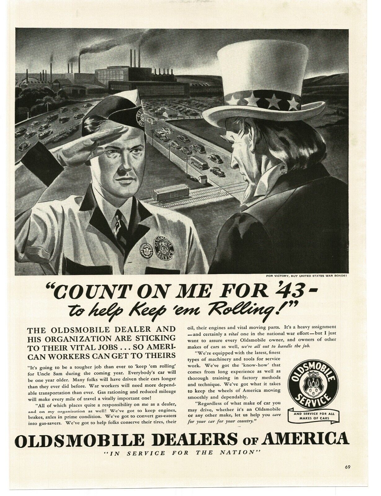 1943 Oldsmobile Mechanic Count On Me Uncle For \'43 Sam WWII Vintage Print Ad