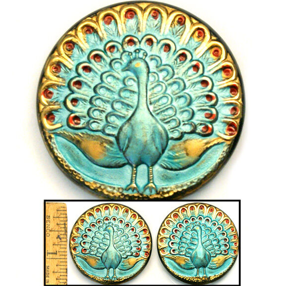 OUTSTANDING XL 38mm Standing TURQUOISE Red Gold PEACOCK Czech Glass Button 1pc 