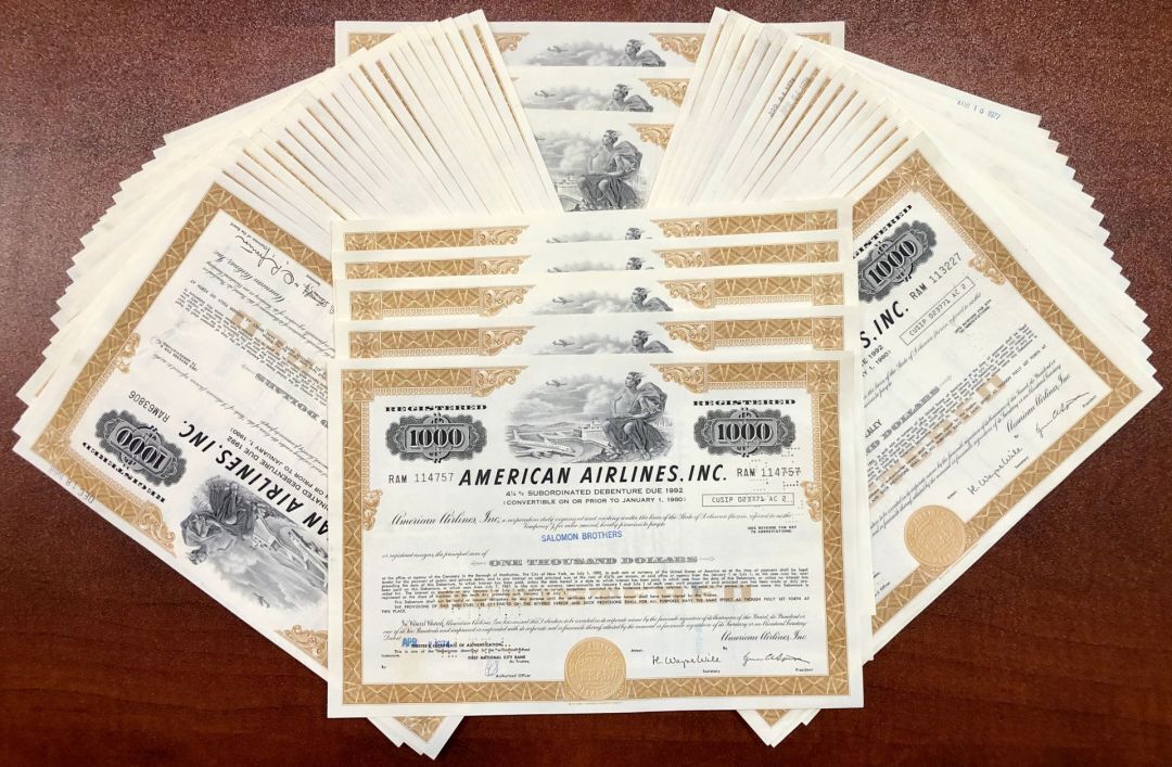 50 Pieces of American Airlines Incorporated - 50 Aviation Bonds dated 1970\'s - 