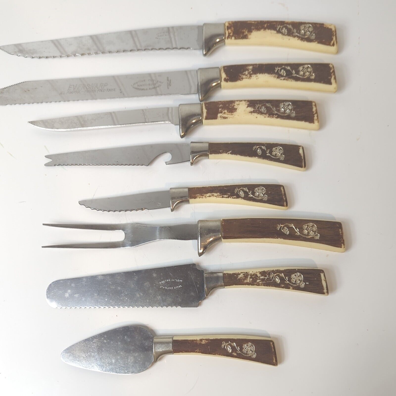 Vintage Lifetime Cutlery Sheffield England Carving Set of 8 Knives, Serving Fork