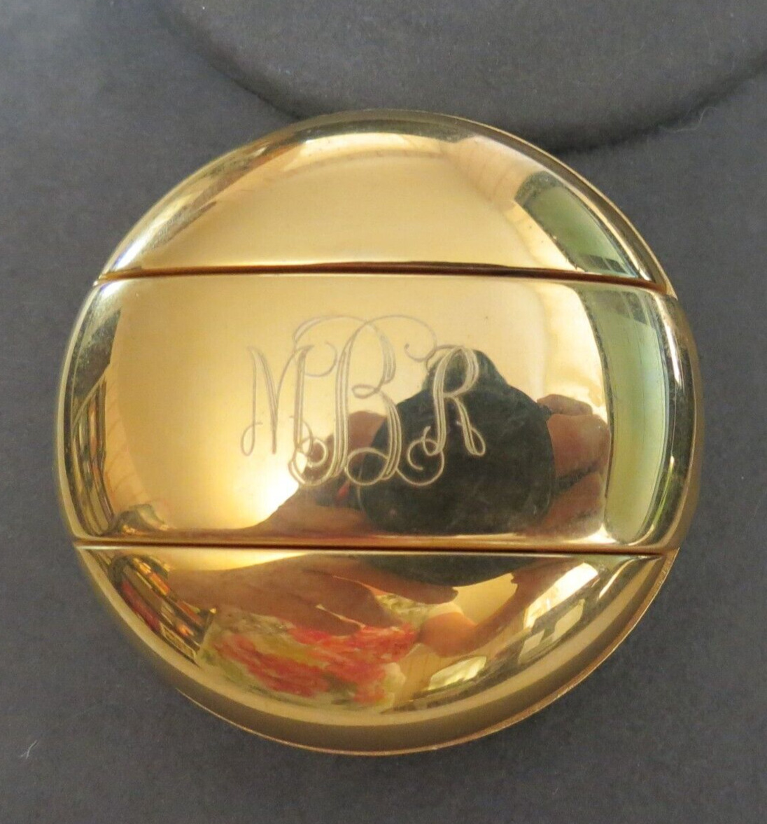 Art Deco Portable Ashtray Shiny Gold Tone Metal Monogram Opens Top 2 1/8\