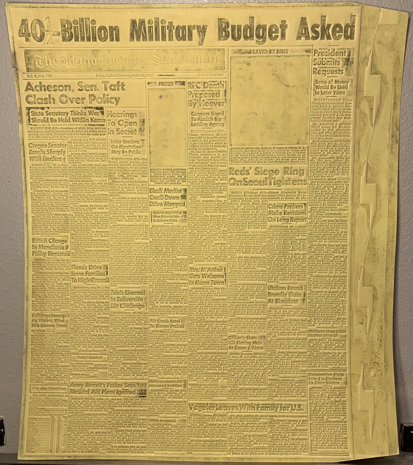 40 1/2 BILLION MILITARY BUDGET Idaho Newspaper Flong Mold Printing Mat- History