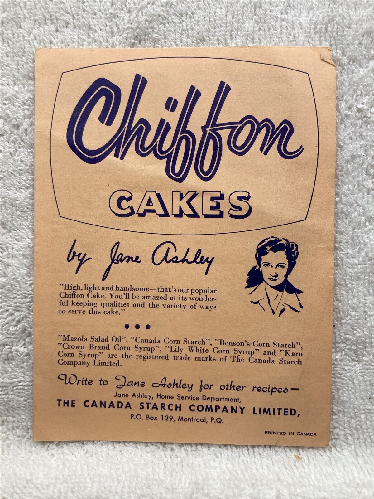1958 Chiffon Cakes Jane Ashley Canada Starch Company Recipe Flier Vtg