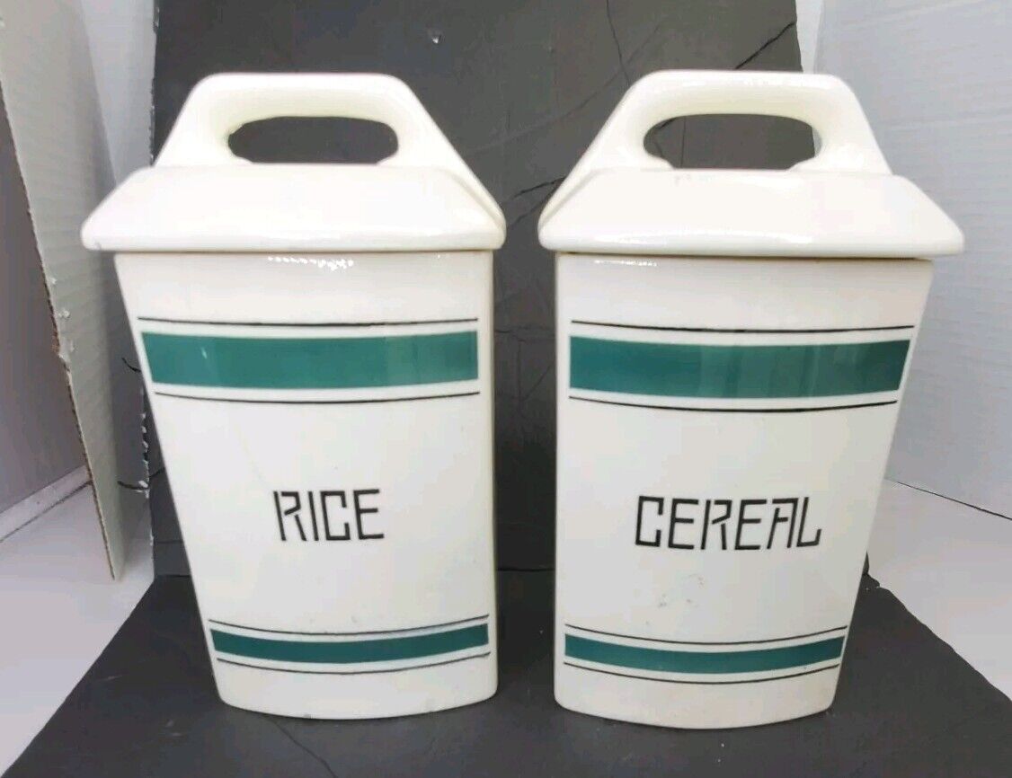 Antique Staffel Germany Art Deco Style Green Off White Kitchen Canisters