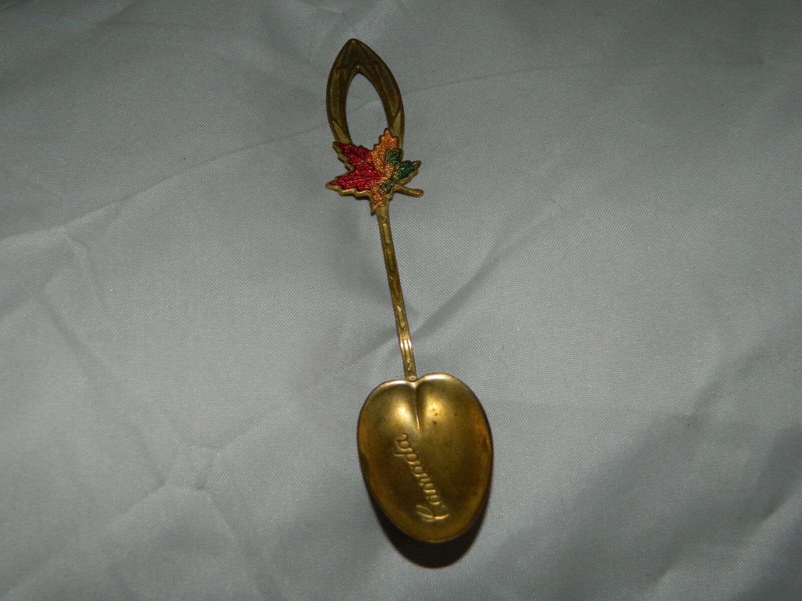 VTG Canada Red Orange Green Enamel Maple Leaf Souvenir Spoon Brass Unmarked