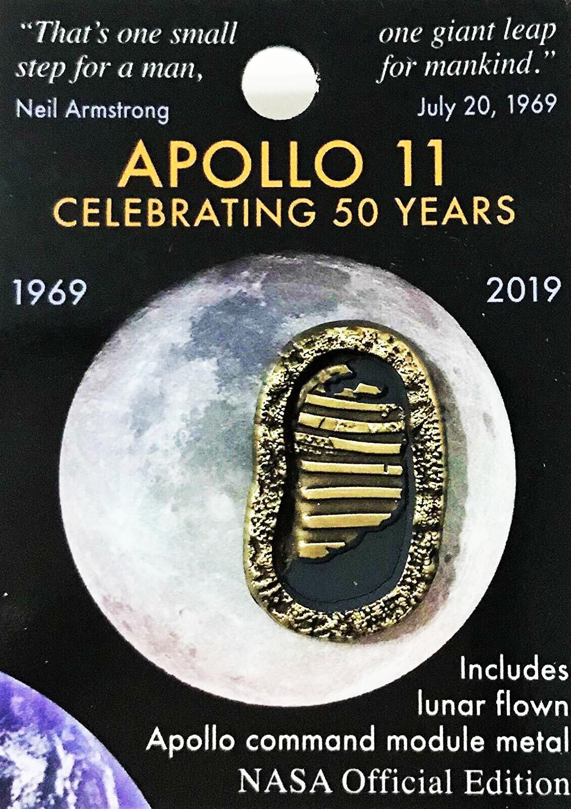 APOLLO 11 - 50th Anniversary - Lunar FLOWN METAL NASA Official Pin COA - MINT