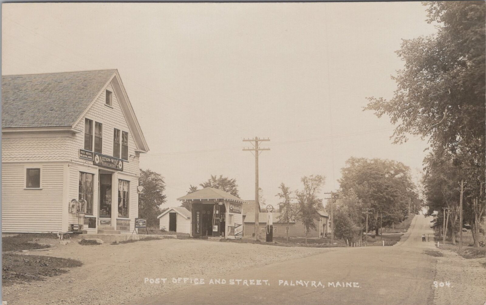 Post Office Street Gas Pum Good Year Tires Palmyra Maine RPPC c1900s Postcard
