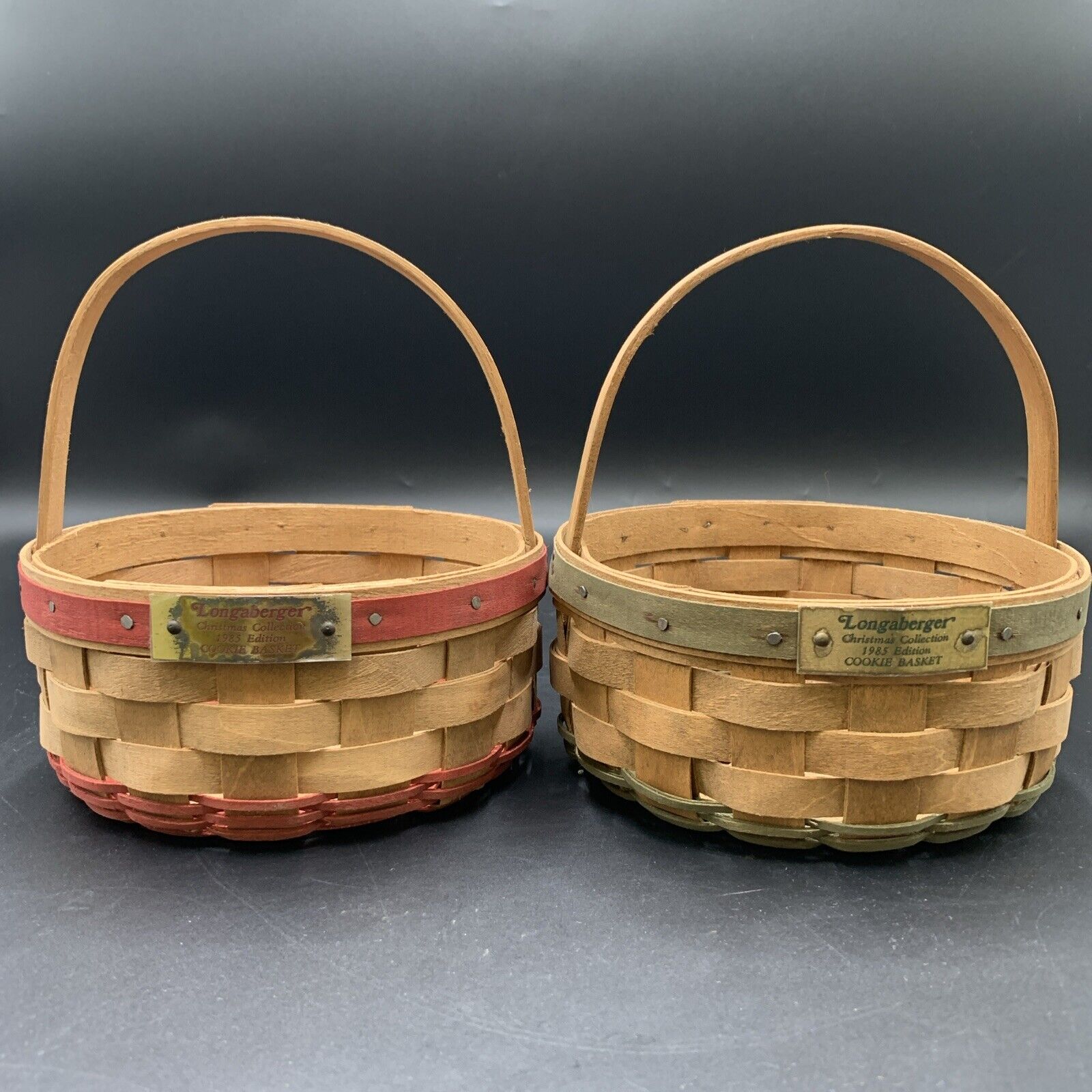 Longaberger Baskets Handwoven Signed Christmas Cookie Baskets Red/Green 1985 Set