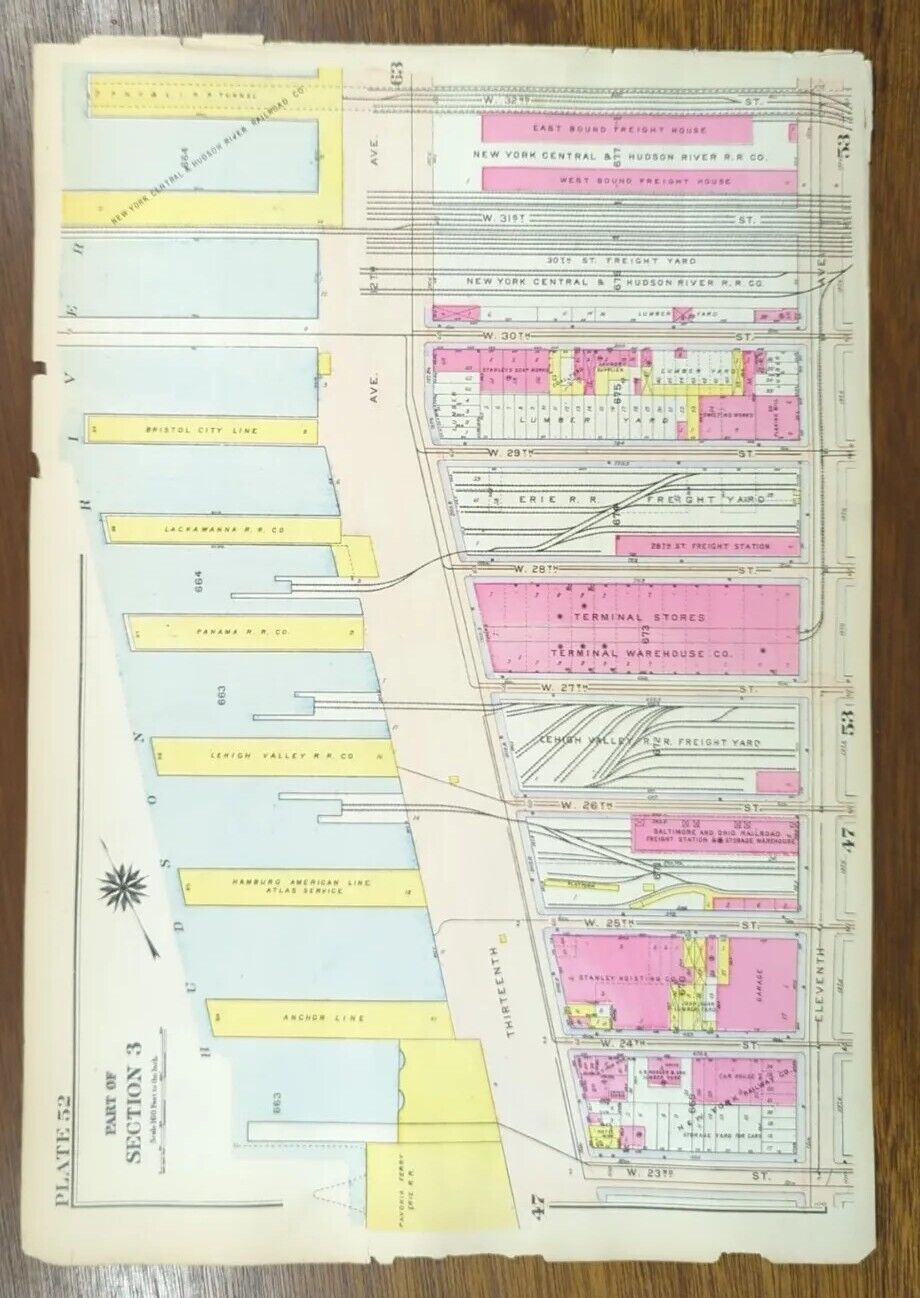 1916 CHELSEA MANHATTAN NEW YORK CITY Street Map ~ HUDSON RIVER ~ W23rd - W32nd
