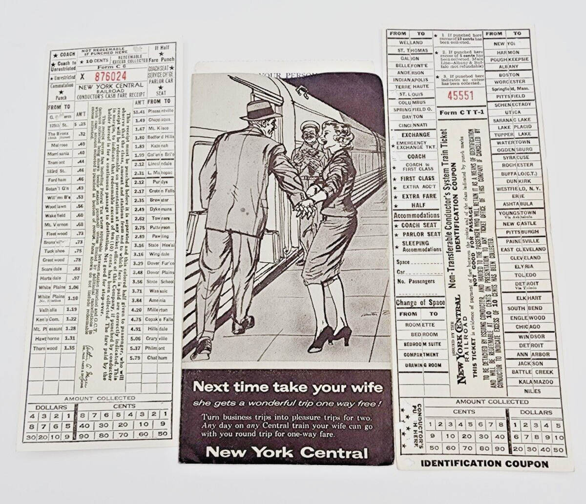 1950s New York Central R.R. Ticket Envelope w/N.Y.C R.R. Tickets & Fare Receipt