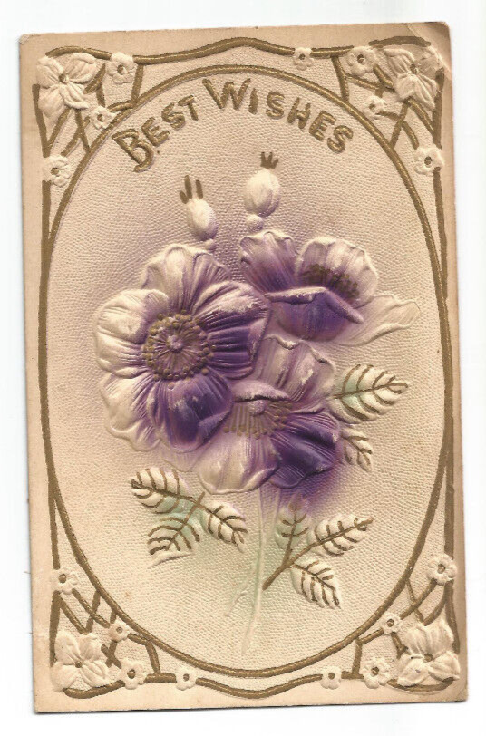 Antique Post Card 1909 BEST WISHES PURPLE FLOWERS FLORAL UN-POSTED EMBOSSED