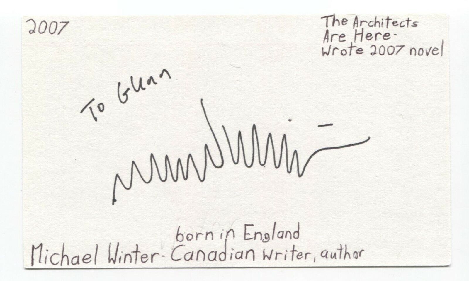 Michael Winter Signed 3x5 Index Card Autographed Signature Author Writer