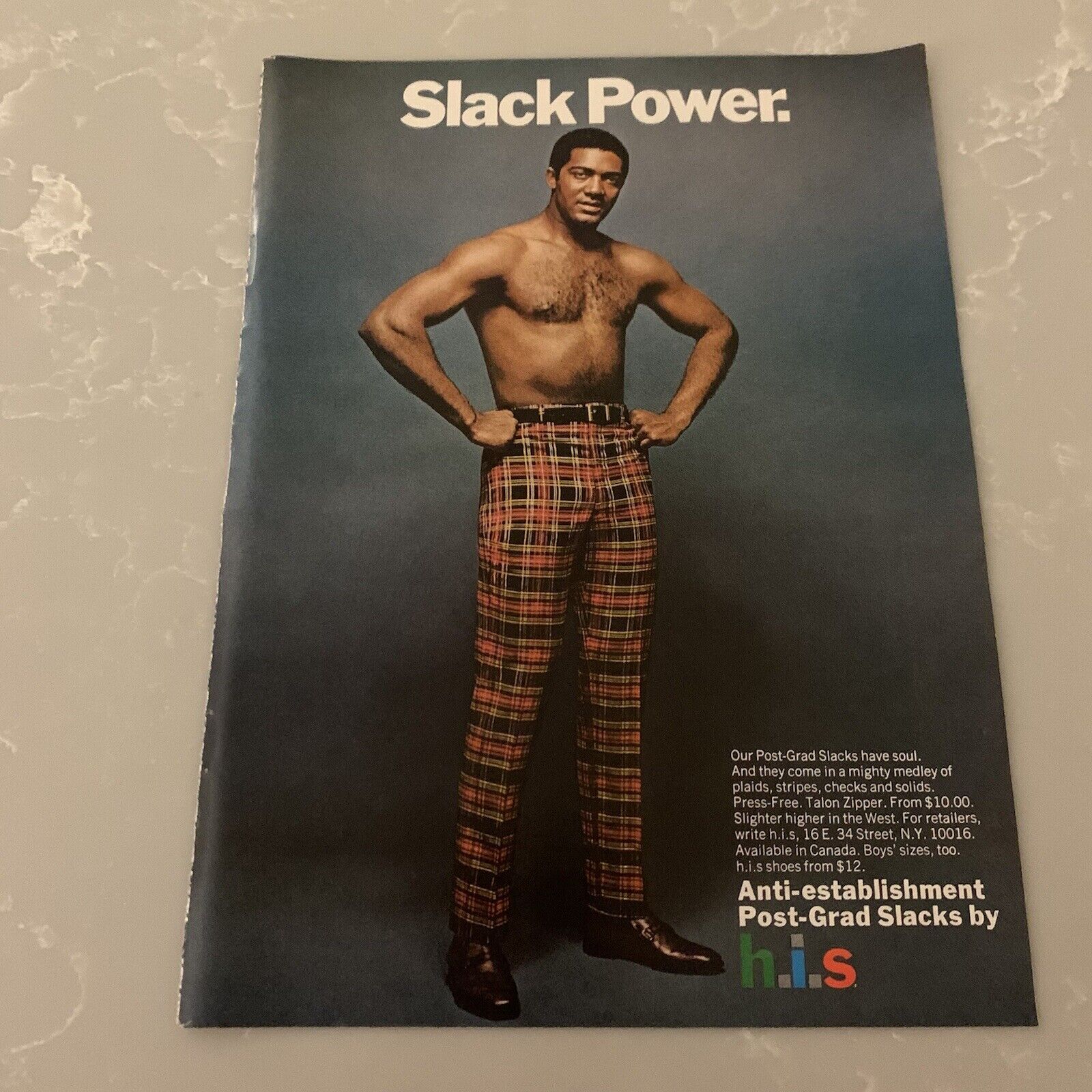 1969 H.I.S. Slack Power Print Ad Original Muscular Black Man Shirtless Gay