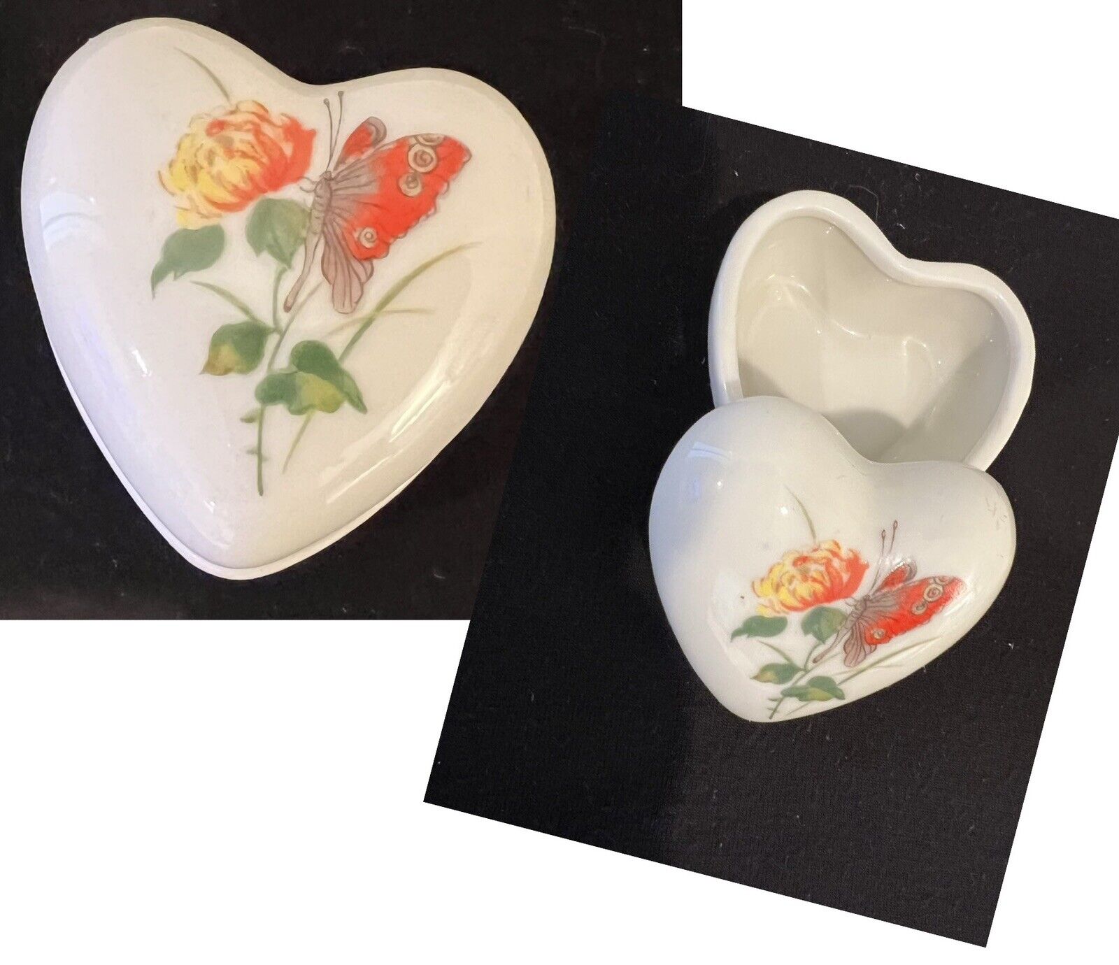 Vintage Takahashi San Francisco Porcelain Butterfly Flower Heart Trinket Box