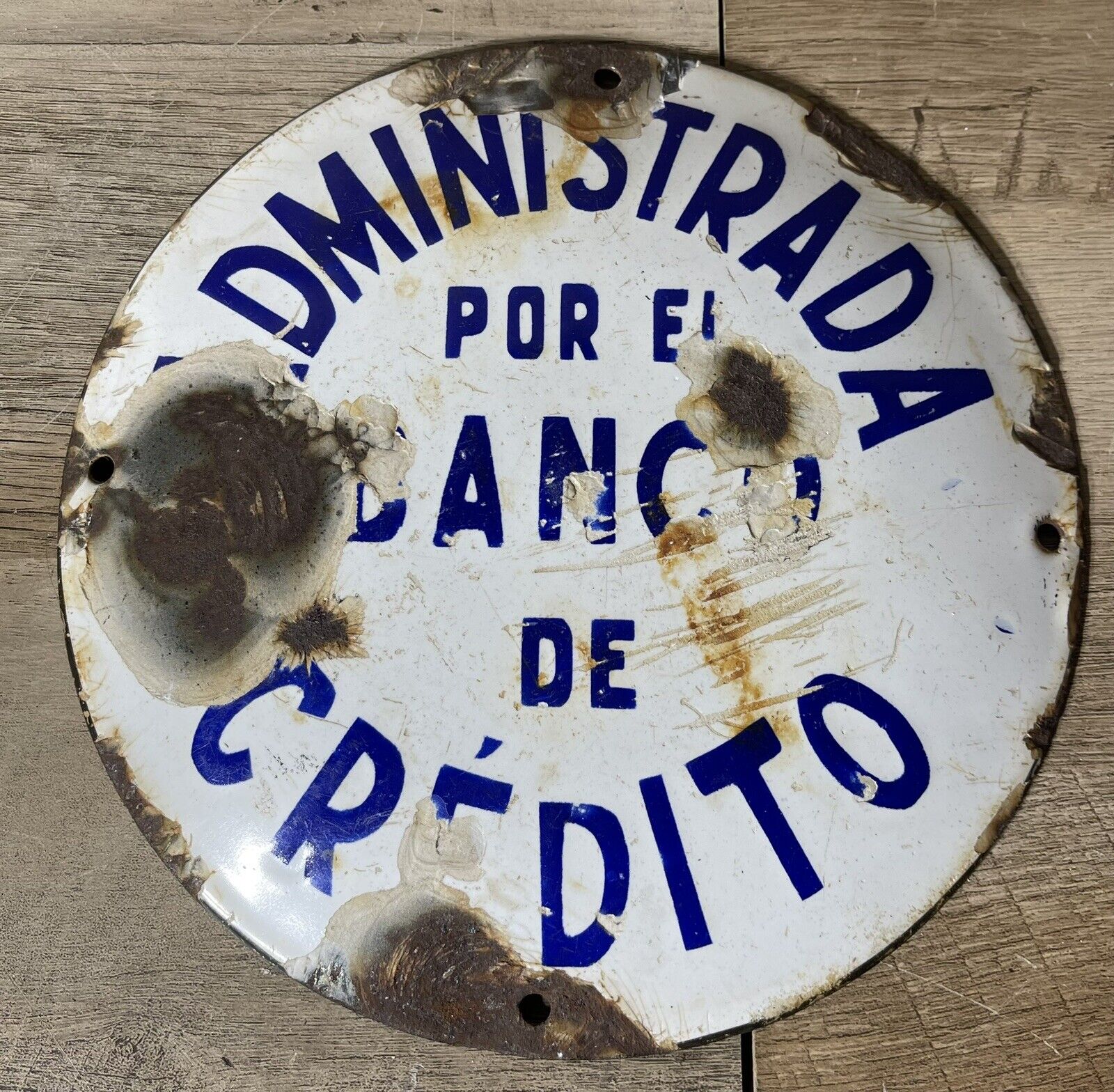 Vintage Spanish Porcelain Bank Sign Round 7 3/4”