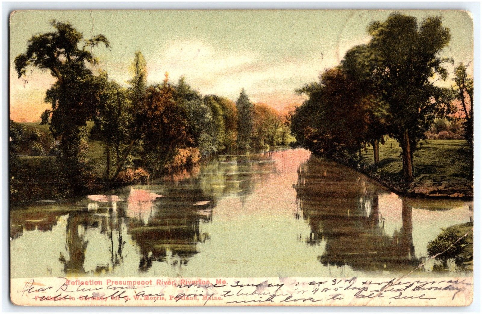 REFLECTION PRESUMPSCOT RIVER IN RIVERTON MAINE POSTED 1906 UB POSTCARD