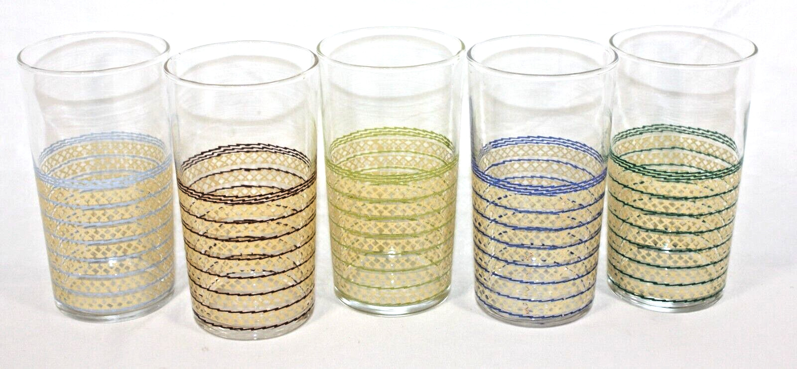 Vintage Juice Glasses Set of 5 Wicker Woven Retro Graphic Mid Century Beverage