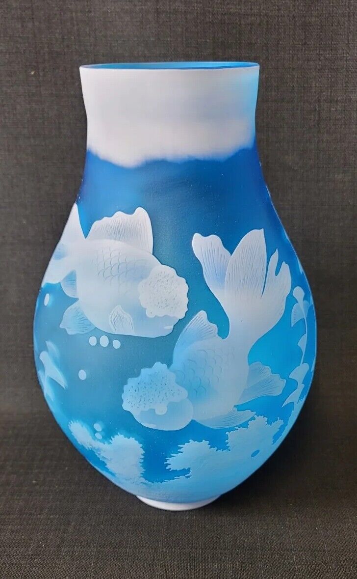 GALLE REPRODUCTION LIGHT BLUE FROSTED GLASS GOLDFISH VASE 12\