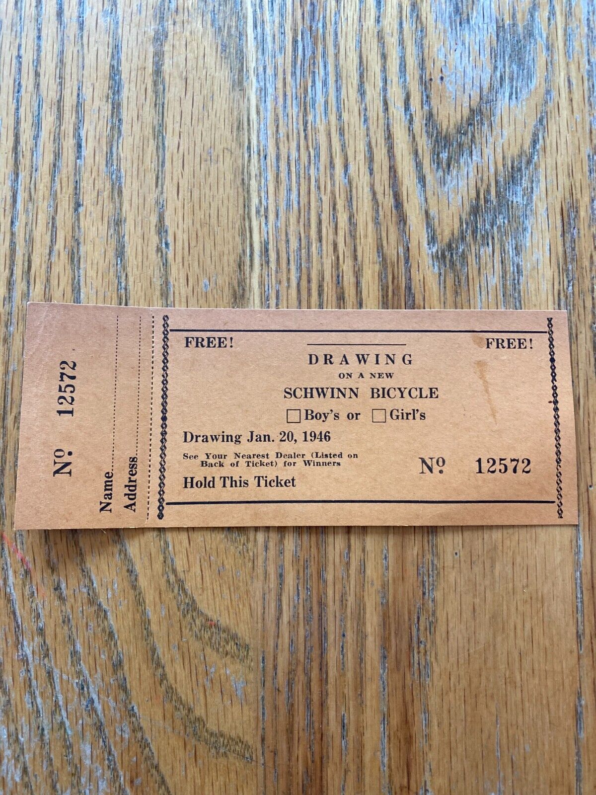 1946 Full Unused Drawing Ticket on a New Schwinn Bicycle  Cleveland