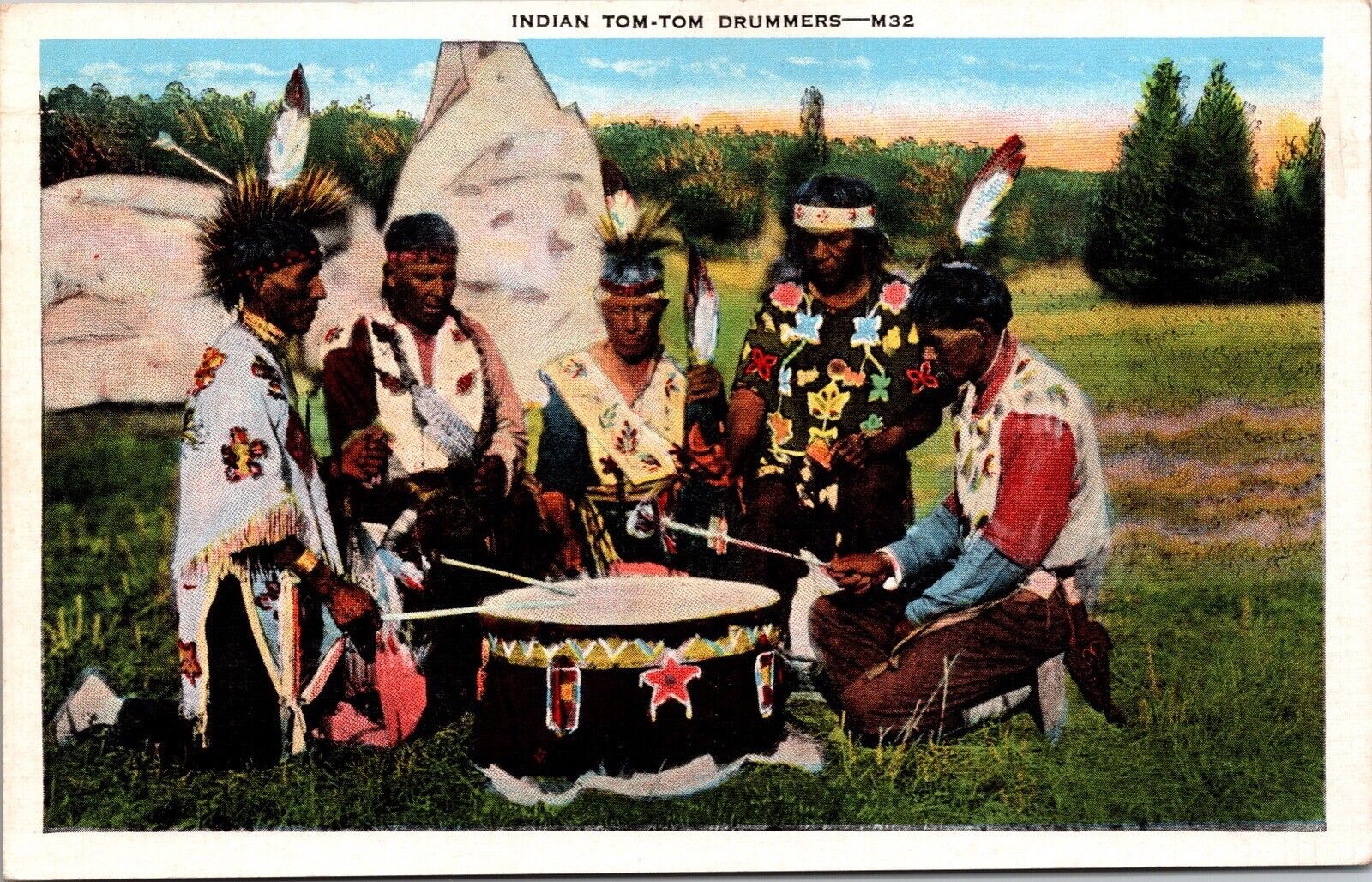 Indian Tom-Tom Drummers - Native American - Unposted Linen Postcard