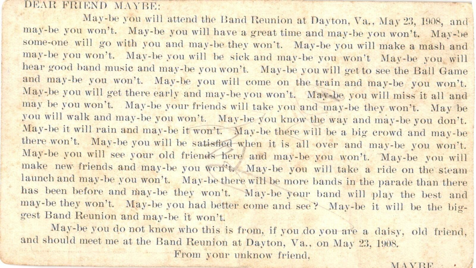 Dear Friend Maybe May-be You Will Attend Band Reunion at Dayton, Va., Postcard