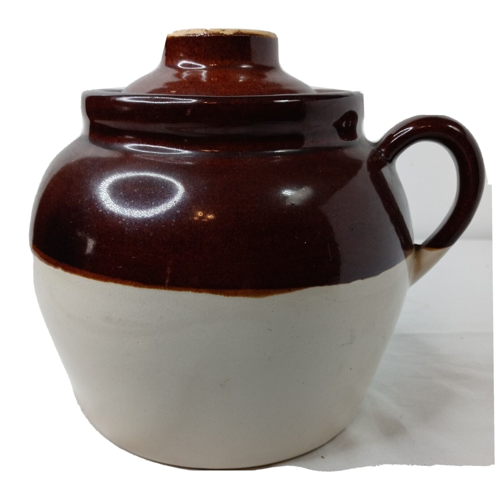 Vintage Brown Beige Stoneware Crock Bean Pot Single Handle + Lid. Marked USA