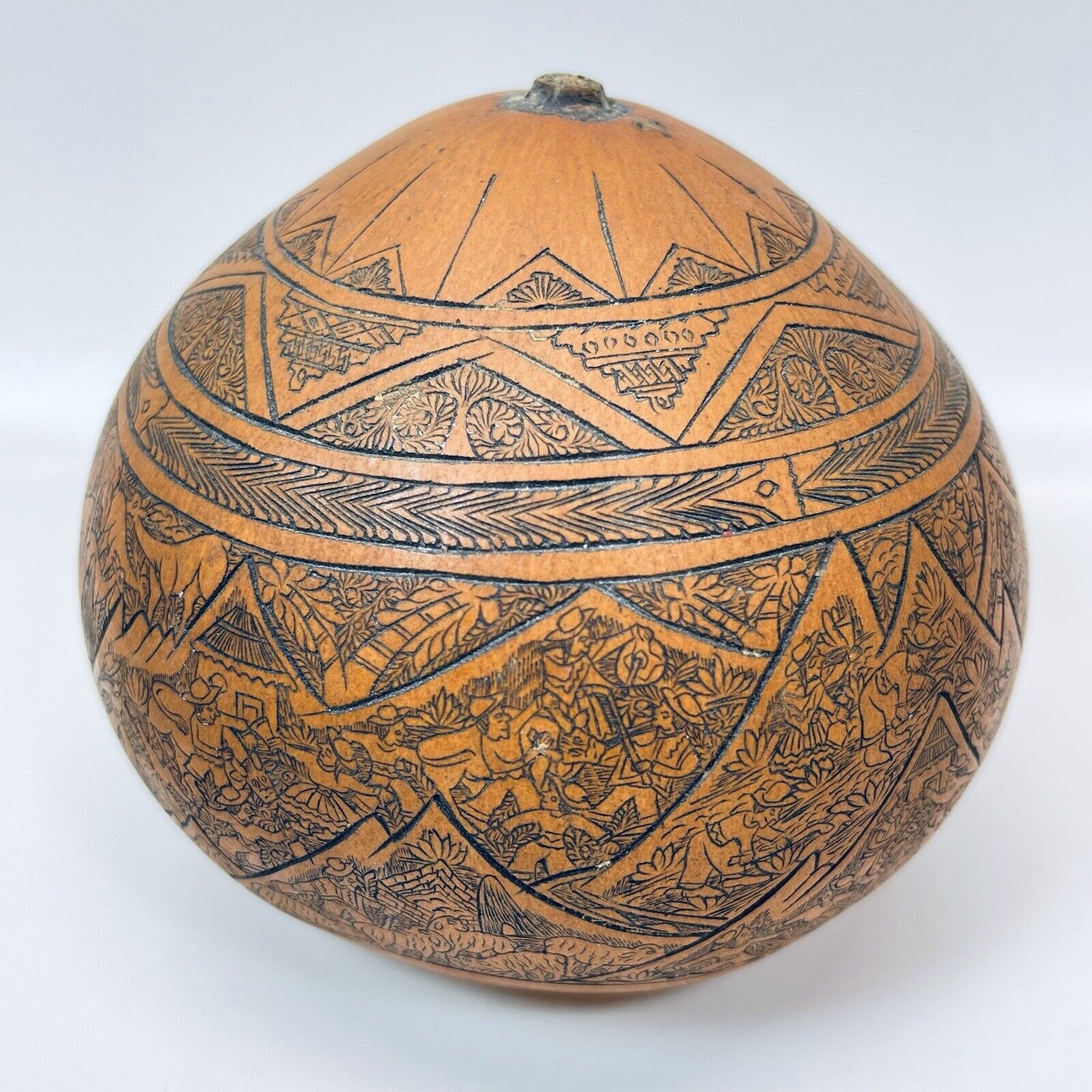 VINTAGE Peruvian Folk Art Hand Carved Gourd Rattle Detailed Peru Farm Drawing