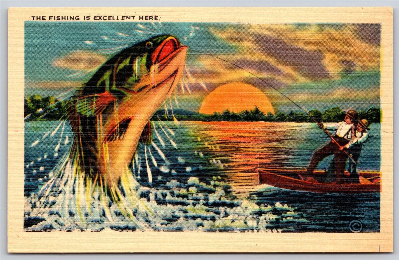 Postcard Exaggerated Fish, The Fishing is Excellent Here linen E40