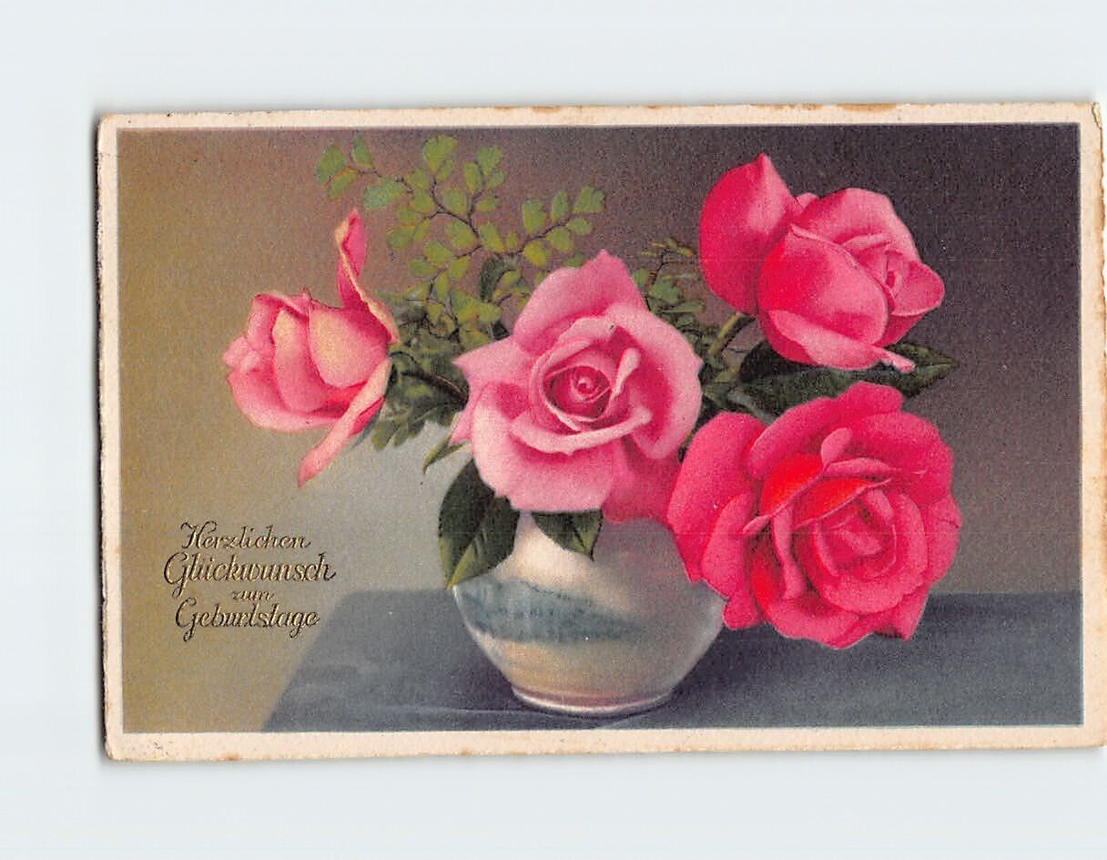 Postcard Pink Roses on a Vase Happy Birthday Embossed Card
