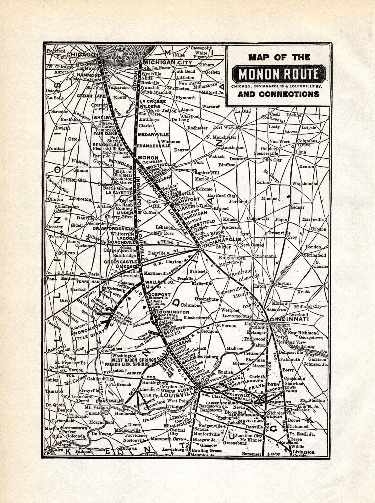 1938 Chicago Indianapolis and Louisville Railway Map Monon Route Map 1448