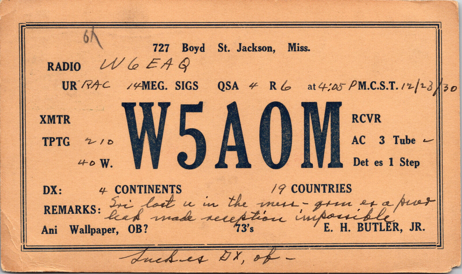 1930 W5AOM Jackson Mississippi Ham Radio Amateur QSL Card Postcard Vtg