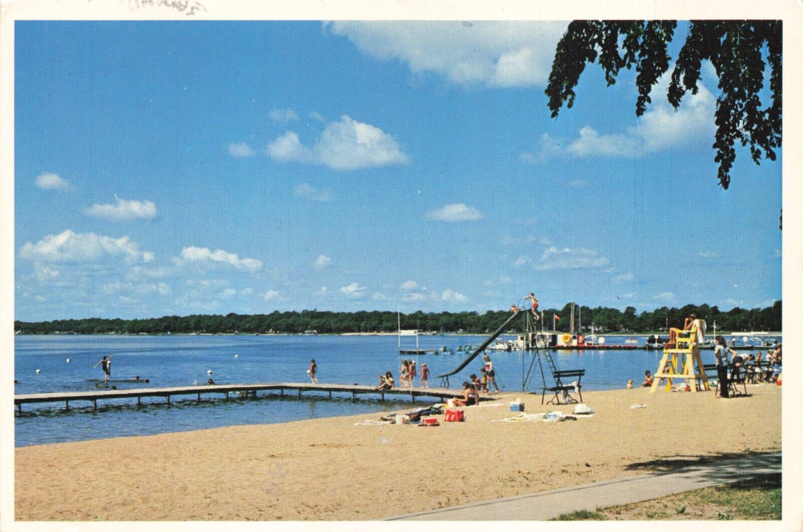 Postcard MN Detroit Lakes City Beach Lifeguard Tower Sunbather Slide Sand Shore