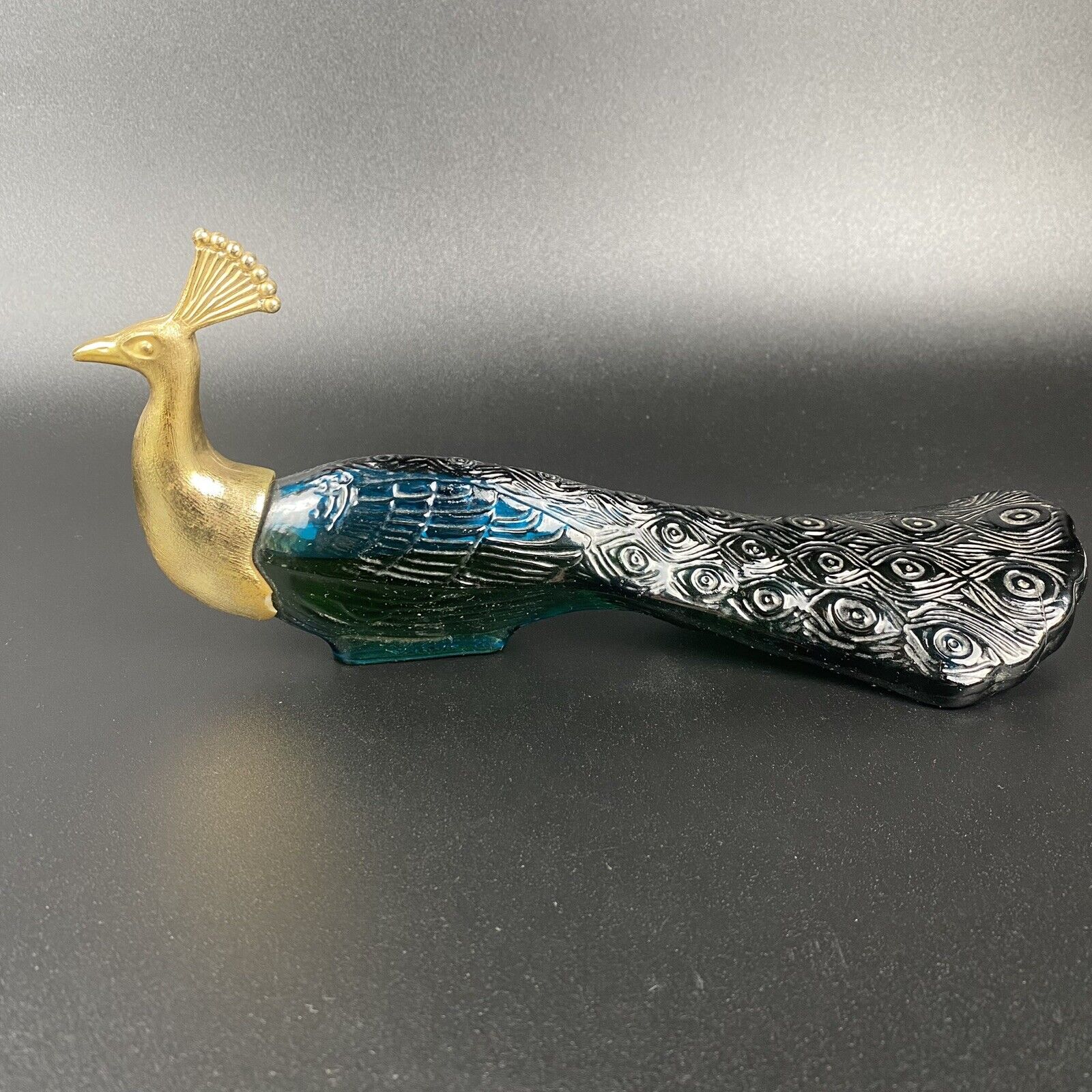 Vintage AVON Patchwork Cologne Peacock Green Tail Perfume Bottle Almost Full.