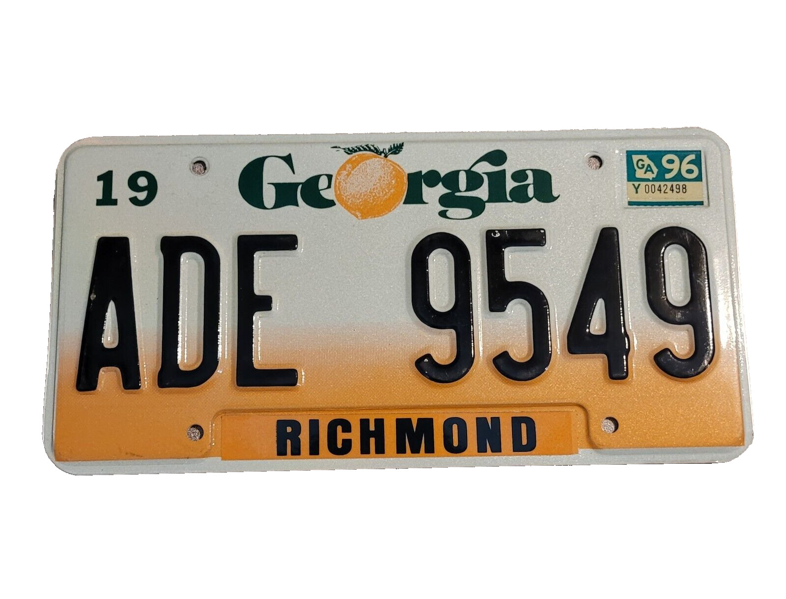 Georgia License Plate 1996 Richmond County ADE 9549 Georgia License Plate