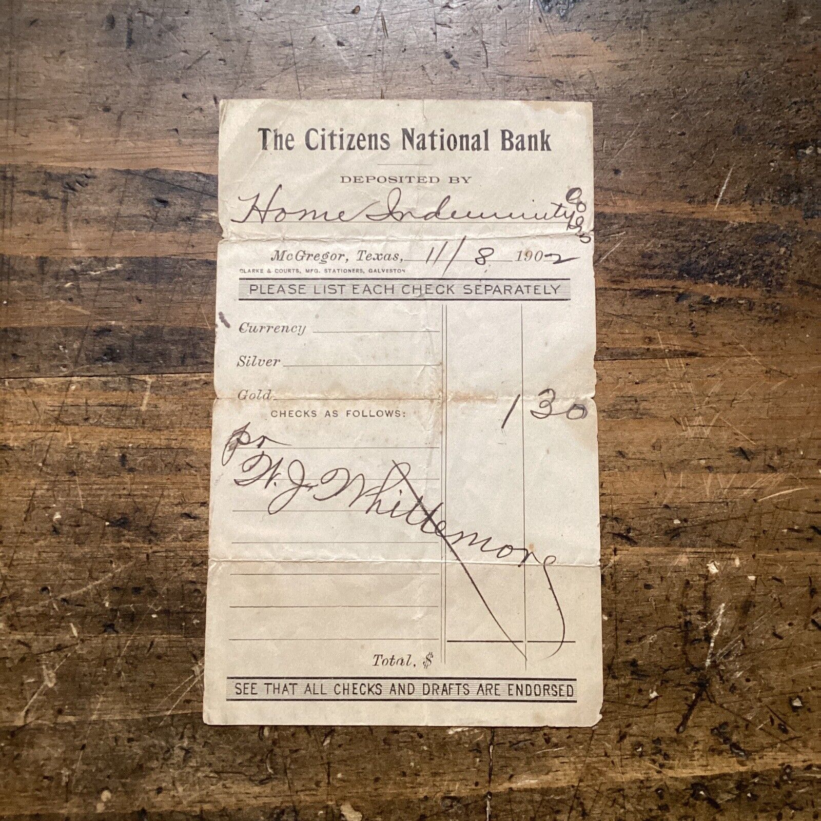 McGregor TX Deposit Slip Citizens National Bank 1902 