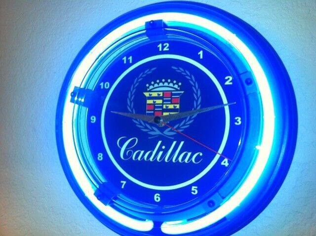 Cadillac Logo Motors Auto Garage Man Cave Bar Neon Wall Clock Advertising Sign