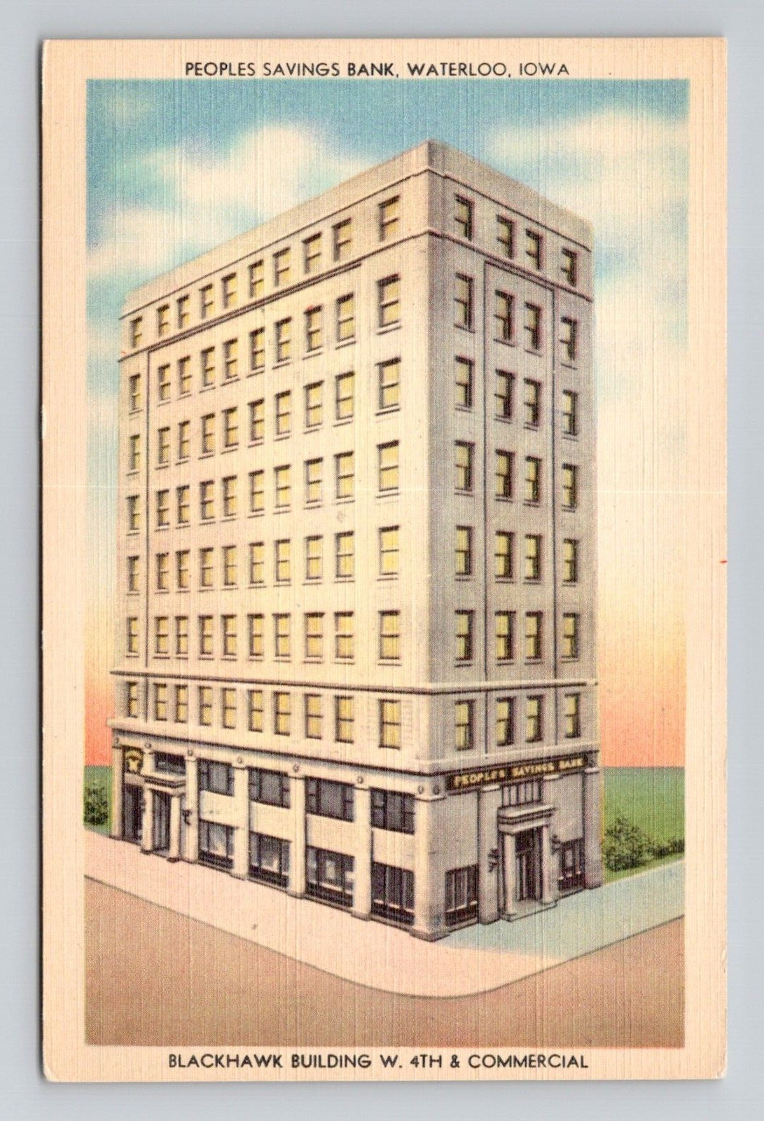 Postcard Peoples Savings Bank Waterloo Iowa, Vintage Linen i17