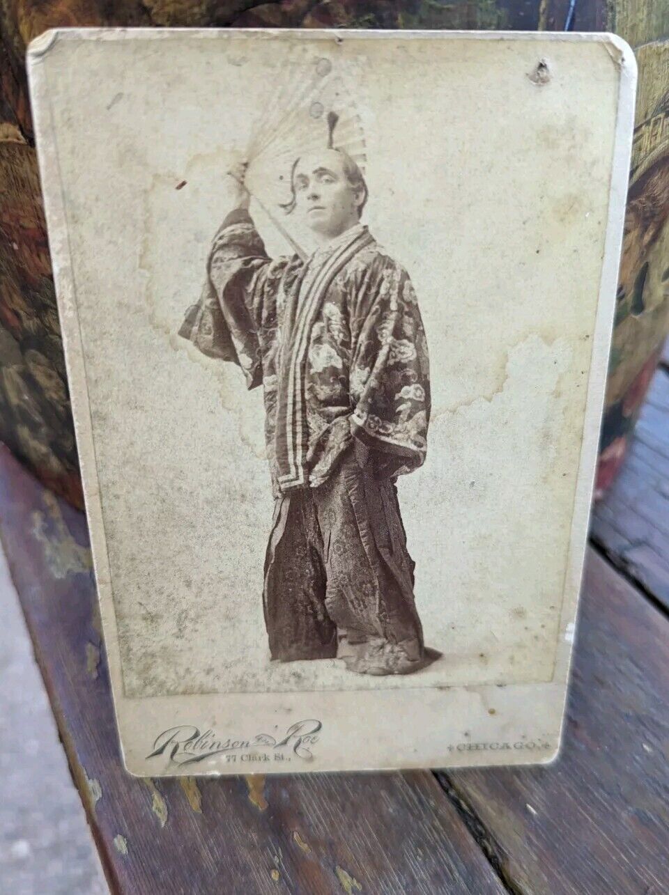 Antique Victorian American Asian Costume Mikado Man Fan Studio Cabinet Card 