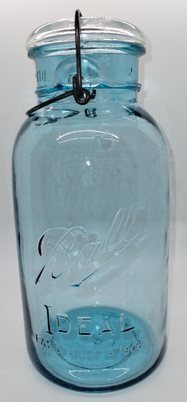 VTG 'BALL' Blue Glass 1/2 gallon Canning Jar #10 w/clear glass lid/metal bale