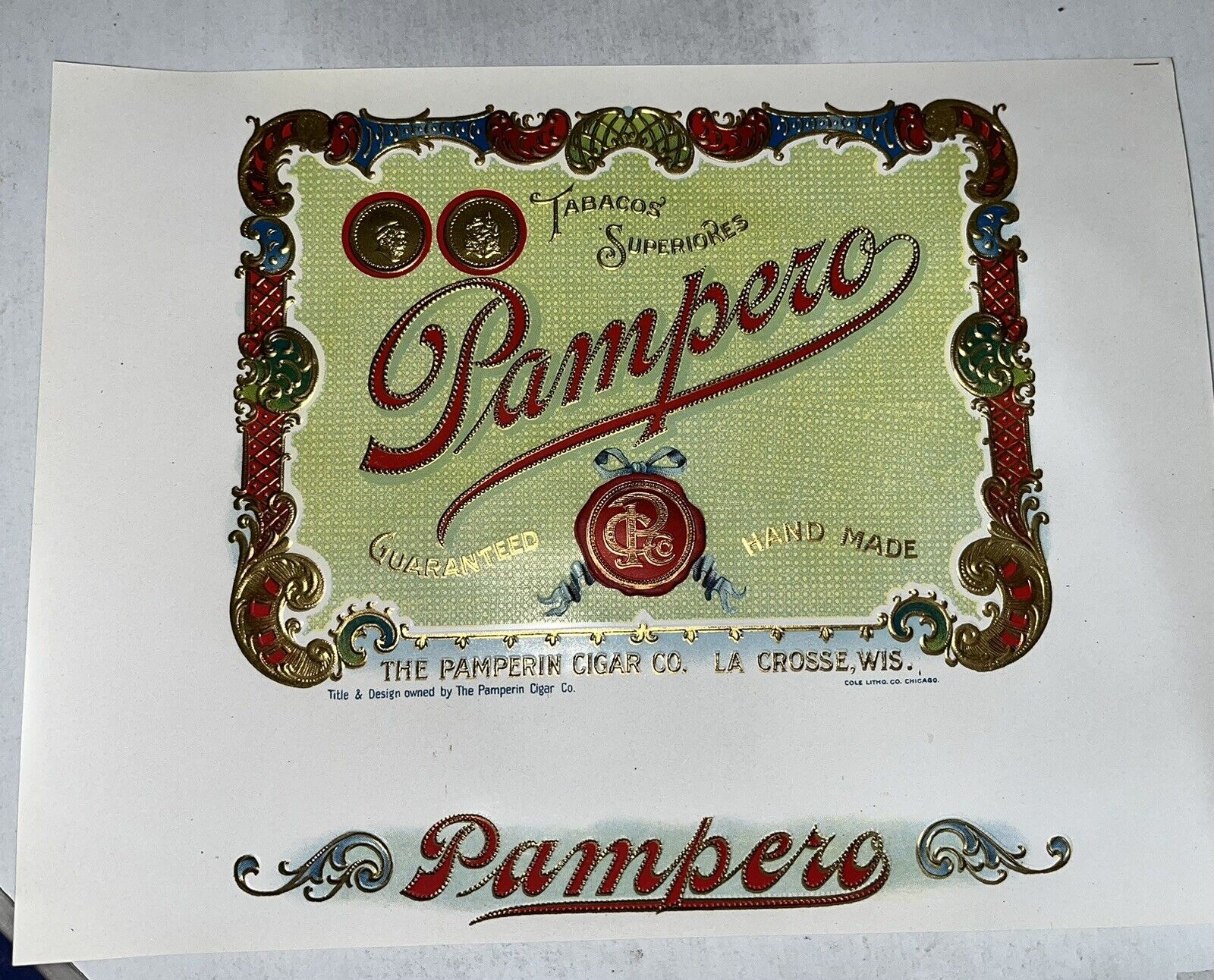 Pampero, La Crosse, WI 1910 Cigar Tobacco Box Label Raised Letters Frame