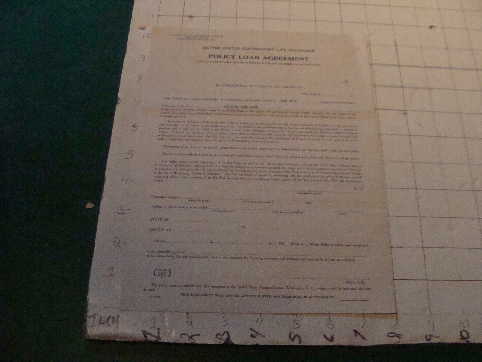 vintage letter: 1925 US Government Life Insurance POLICY LOAN AGREEMENT