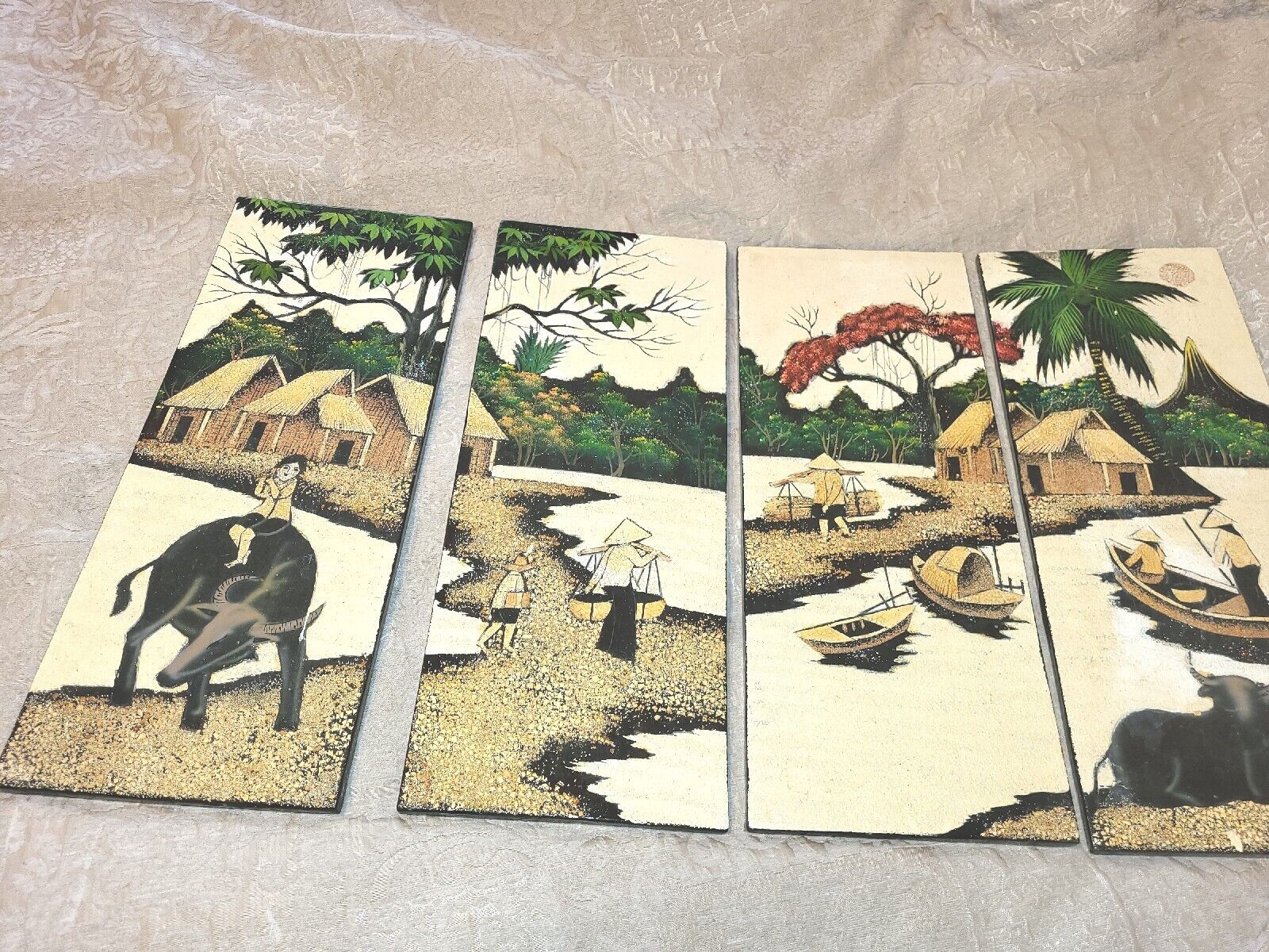 4 Oriental Rectangle Vtg Painted crackle Wall Hangings 19x8 in ea Textured Some