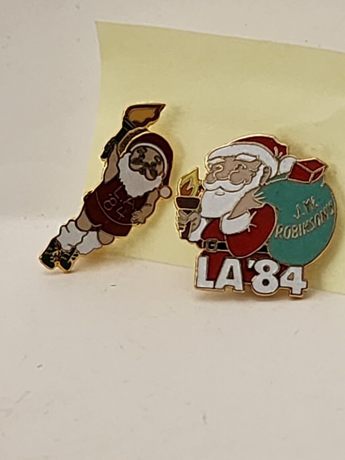 SET x 2 J.W. Robinson's Los Angeles LA '84 Pins Lapel Brooch Olympic Santa Claus