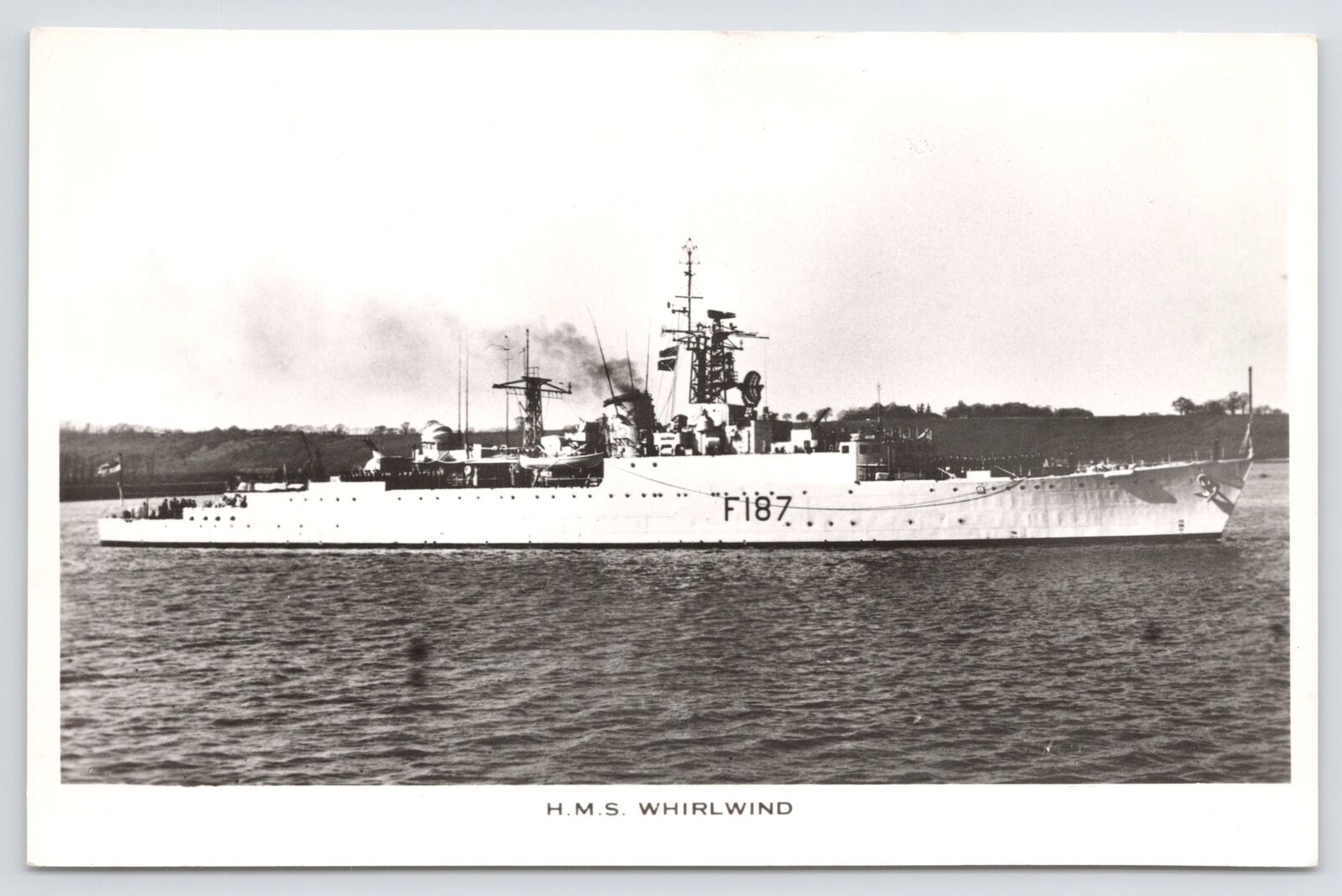 RPPC~HMS~Whirlwind~F187~Battleship~On The Water~B&W~Long Boat~Steam~Vintage PC