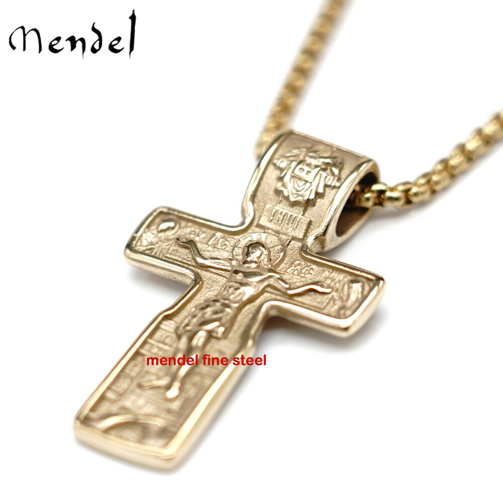 MENDEL Gold Russian Orthodox St Saint Benedict Crucifix Cross Pendant Necklace
