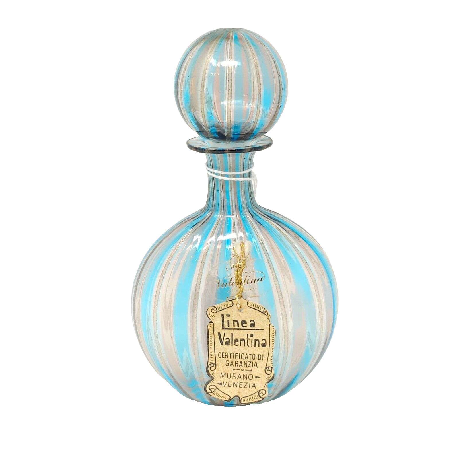 VTG Murano Valentina Art Glass Perfume Bottle Clear with Blue and Copper Stripe