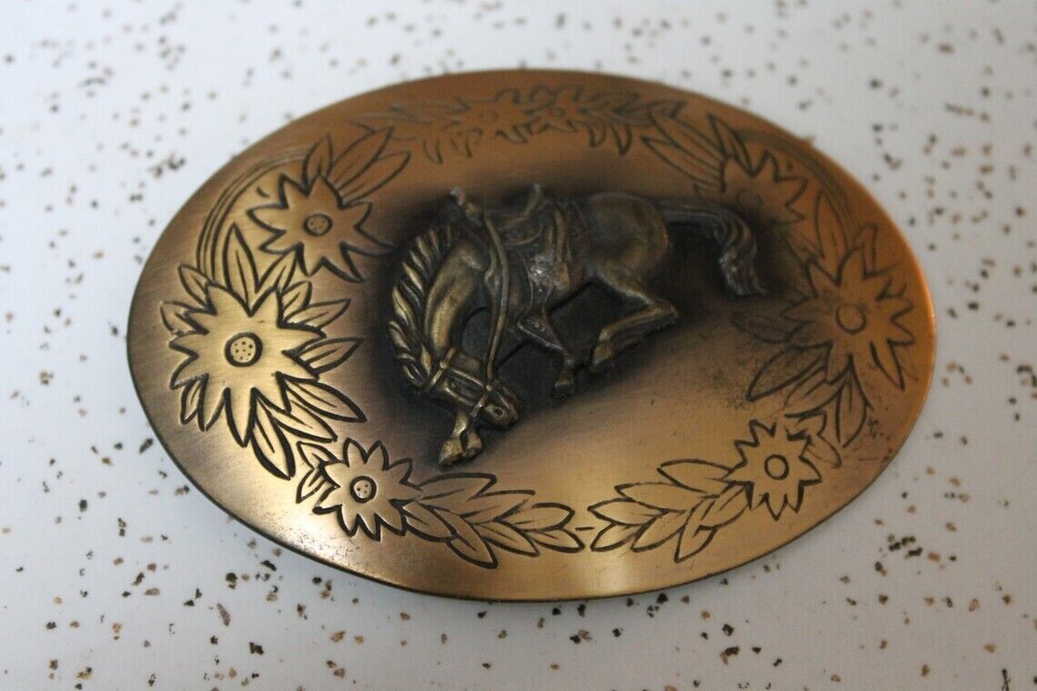 Brass Colored Bucking Bronco Belt Buckle - Oval Metal with Horse Embellishment