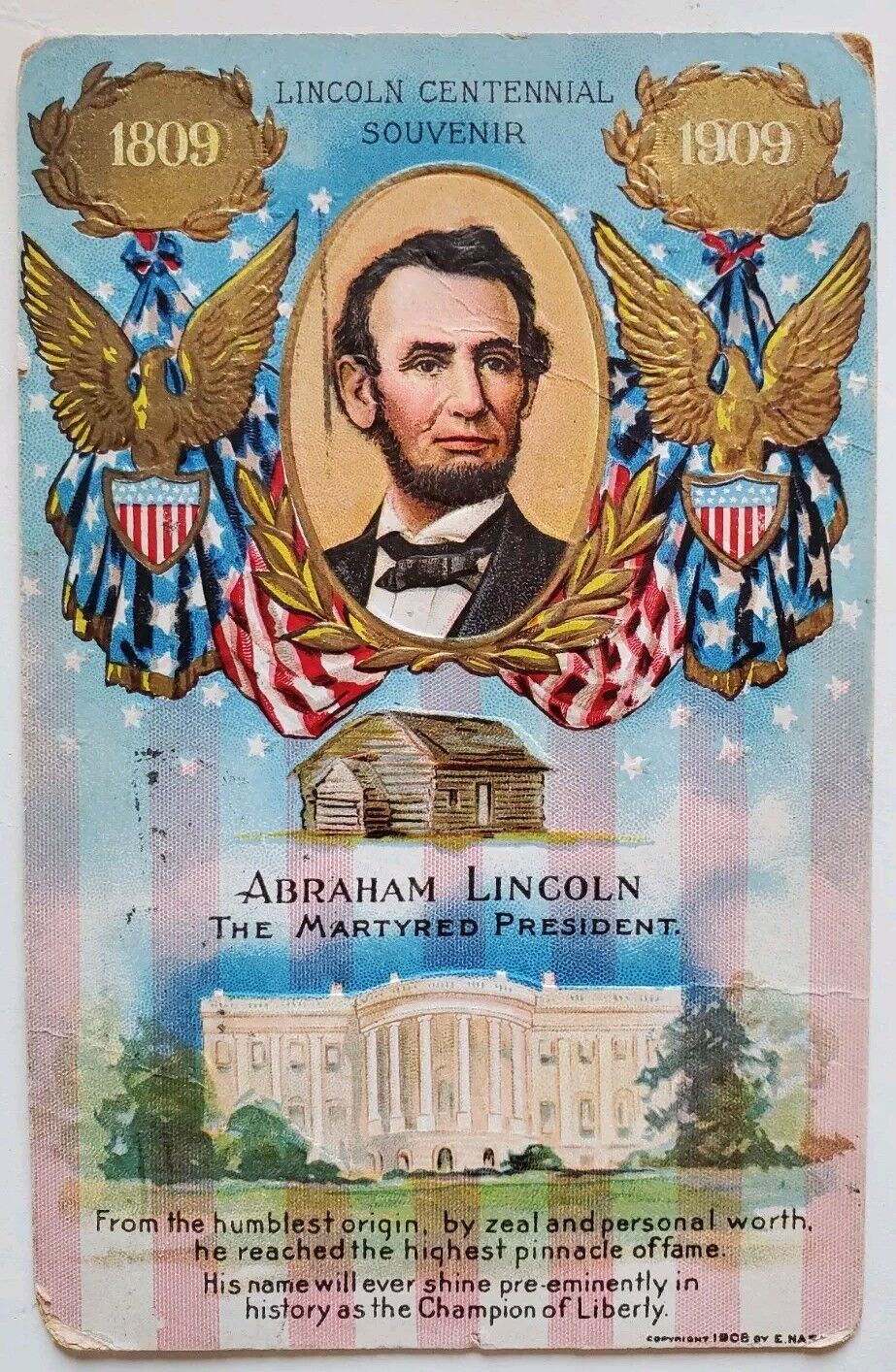 1909, Abraham Lincoln President Patriotic Postcard Used Antique 