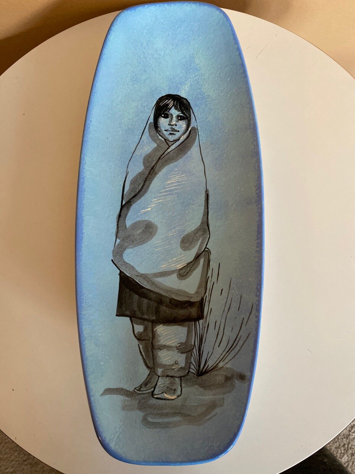 Vintage Blue Rena Paradis de Santa Fe Navajo Girl Hand Painted Signed Tray 13\