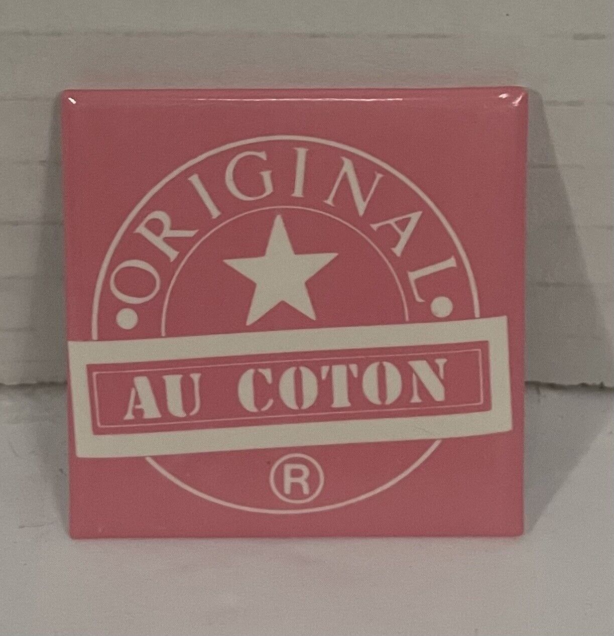 Vintage 1980s Au Coton Original Square Pinback Bubblegum Pink Pin 1.5” Canada